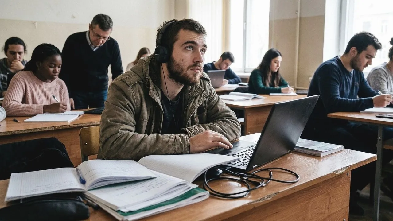 An exam desk with pencil and paper.